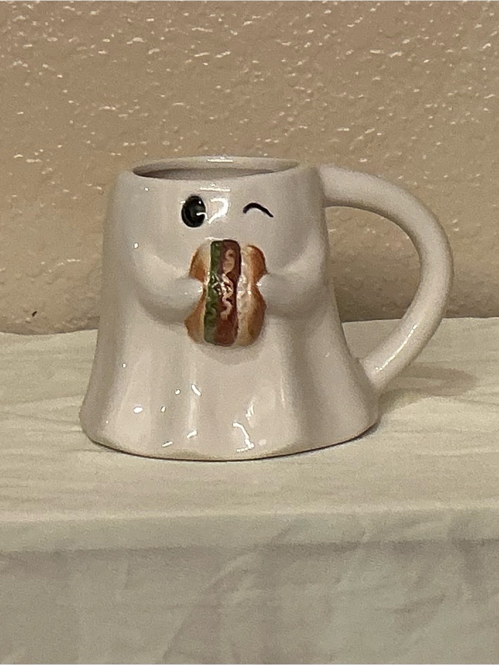 White Ceramic Ghost Mug Holding a Hot Dog.  New